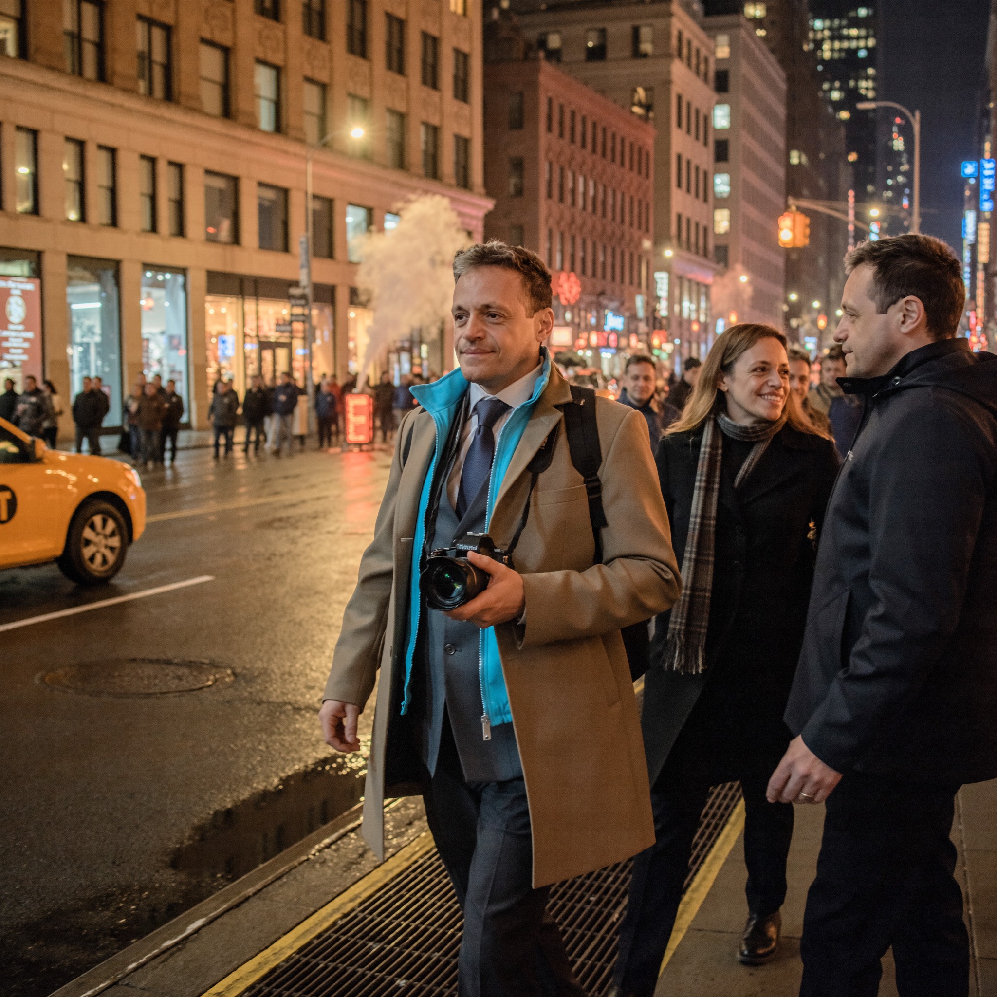 Roberto Pereira Eisenlohr with a camera on a New York City street at night